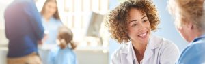female-doctor-talking-with-female-patient-in-clinic-waiting-room
